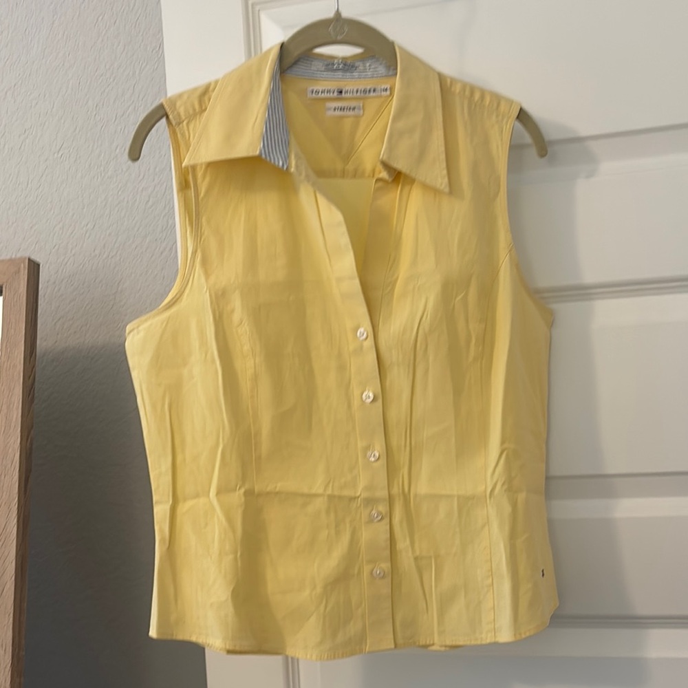 VTG Tommy Hilfiger Y2K butter Yellow Sleeveless Button Down Shirt SZ 14 preppy